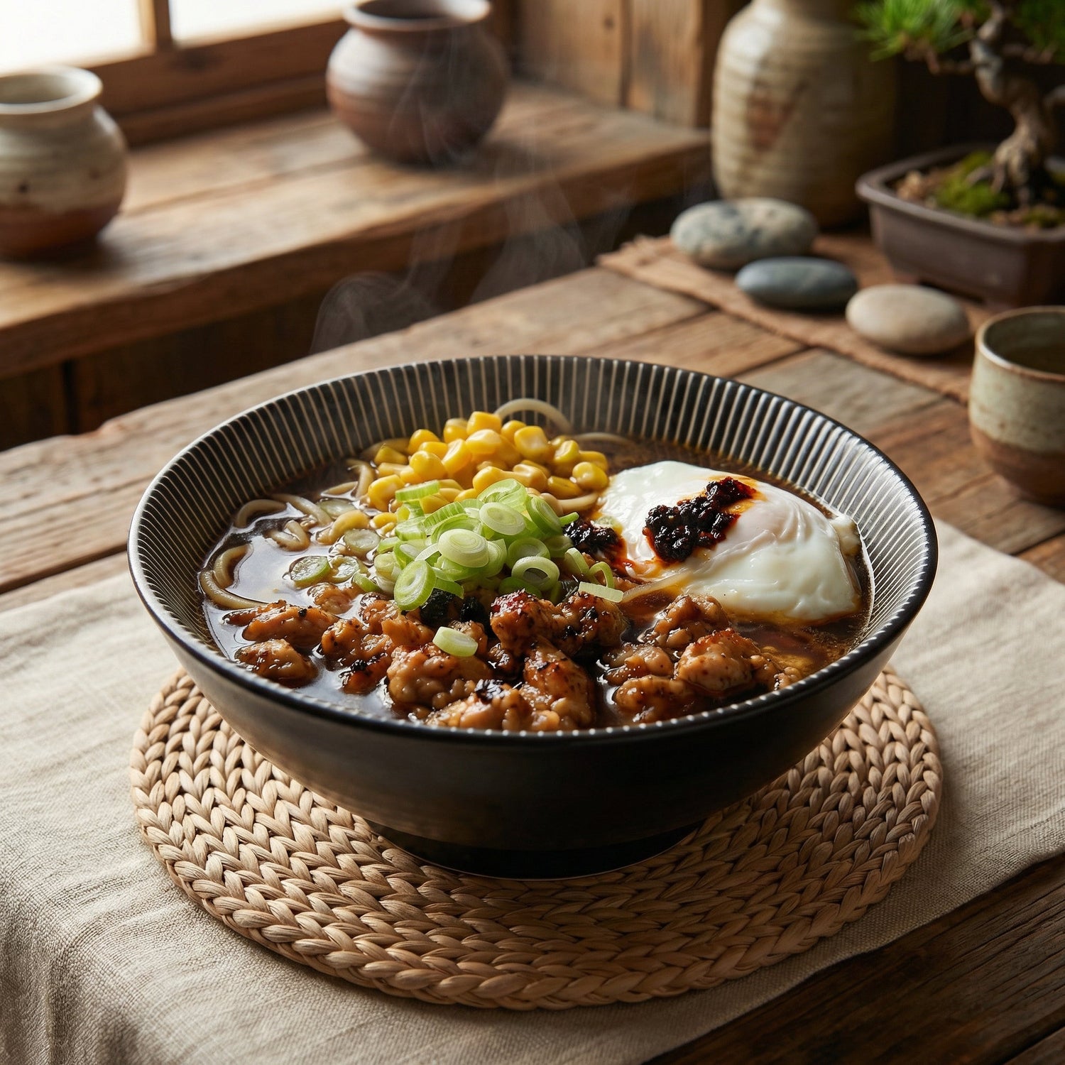 Shoyu Ramen mit Hühnerhack, pochiertem Ei & Mais